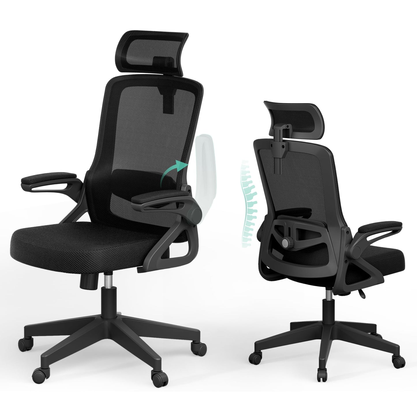 Ergonomic Office Chair, S-Shaped Mesh Desk Chairs, Adjustable Headrest & Lumbar Support, 90°Flip-Up Armrest
