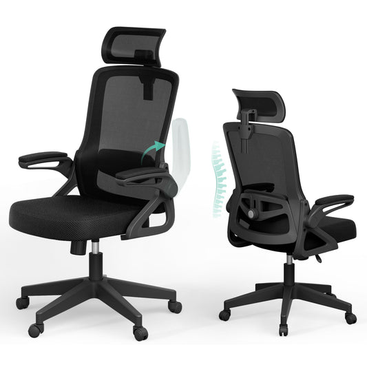 Ergonomic Office Chair, S-Shaped Mesh Desk Chairs, Adjustable Headrest & Lumbar Support, 90°Flip-Up Armrest