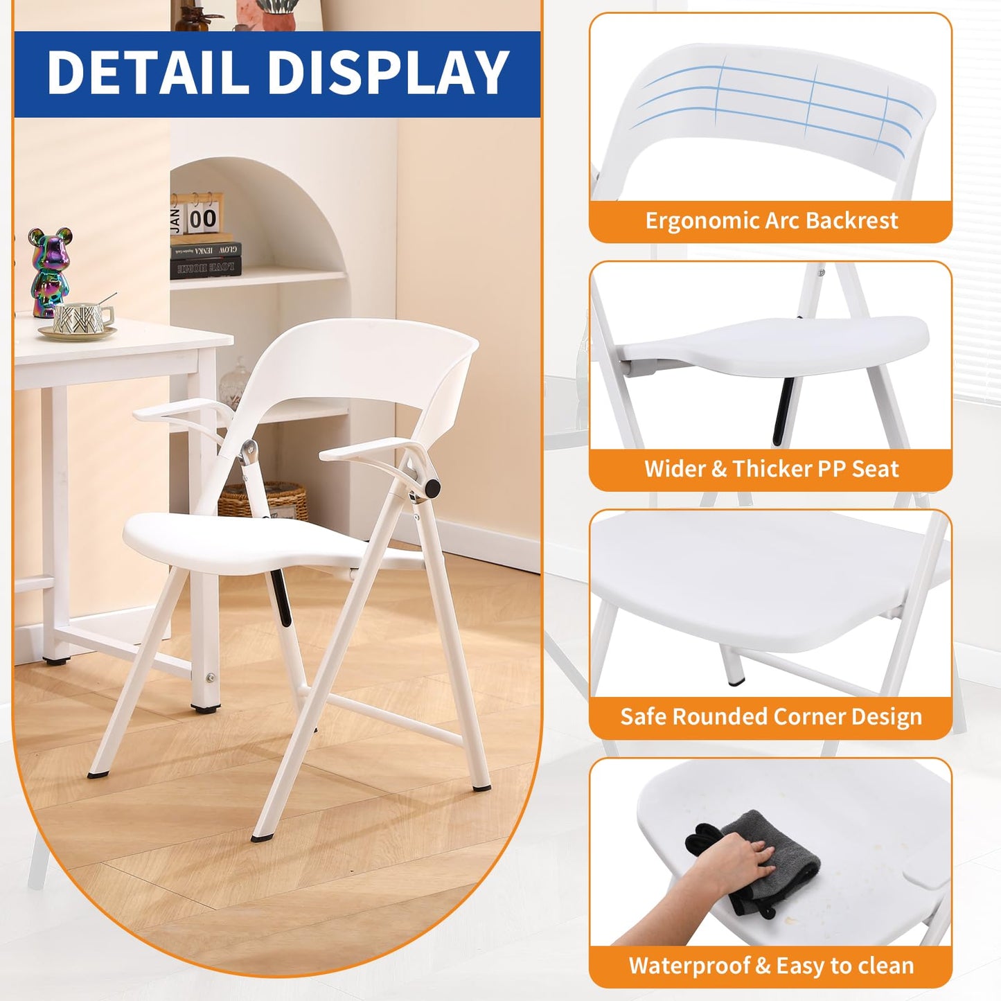 TAO ONE White Office Chair with Arms, Plastic Folding Chairs, Comfort Stackable Dining Chairs,Portable Foldable Chair with Steel Frame for Indoor