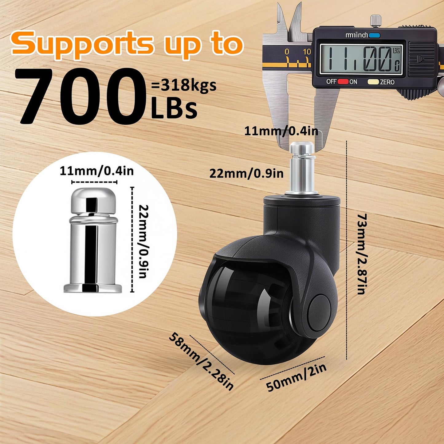 Office Chair Wheels Set of 5 Universal Pin Size 11x22mm Rubber Castors, 2-Inch Supports up to 700lbs/318kg Chair Castors for Computer Gaming Chair