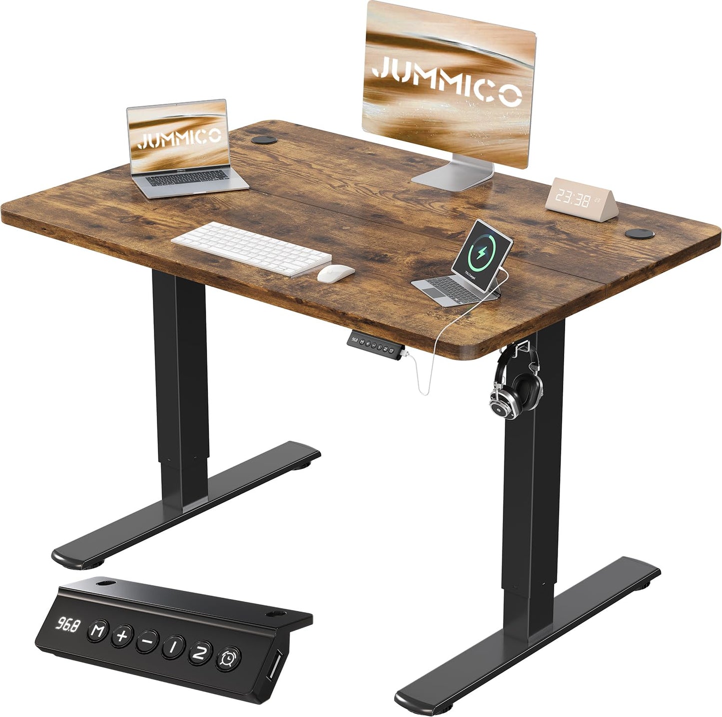 JUMMICO 80x60cm Electric Standing Desk with USB Charging Height Adjustable Desk with Sedentary Reminder Stand Up Desk with Splice Board for Home