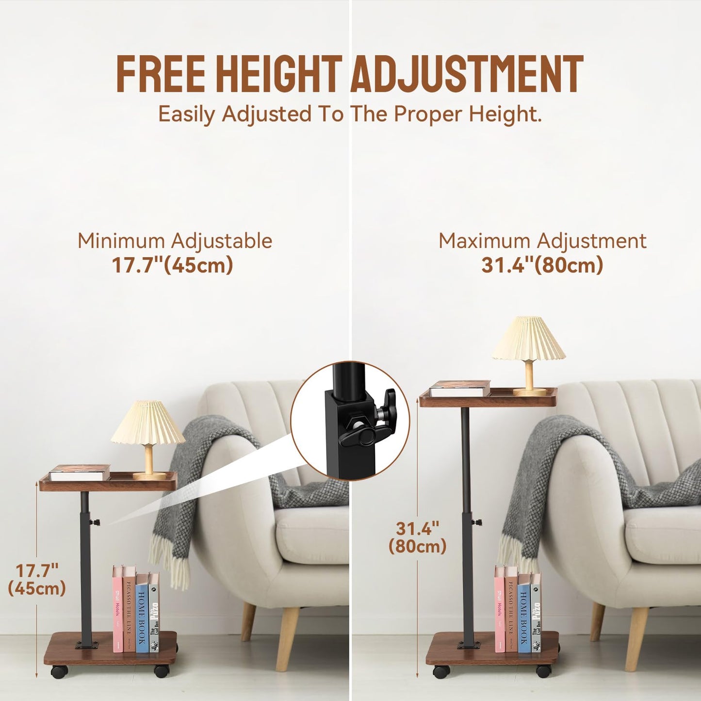 YYW Adjustable C Shaped Side Table with Wheels, 360° Swivel Sofa Table