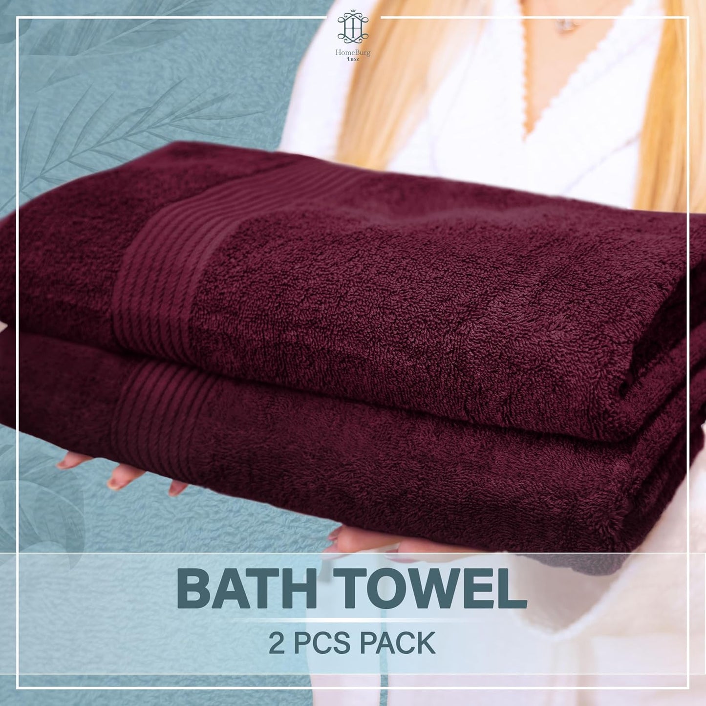 HomeBurg Luxe 2-Piece Bath Towel Set – Large Soft Cotton Towels, Absorbent, Durable & Skin-Friendly, Machine Washable, 65 x 137 cm, Velvet Wine