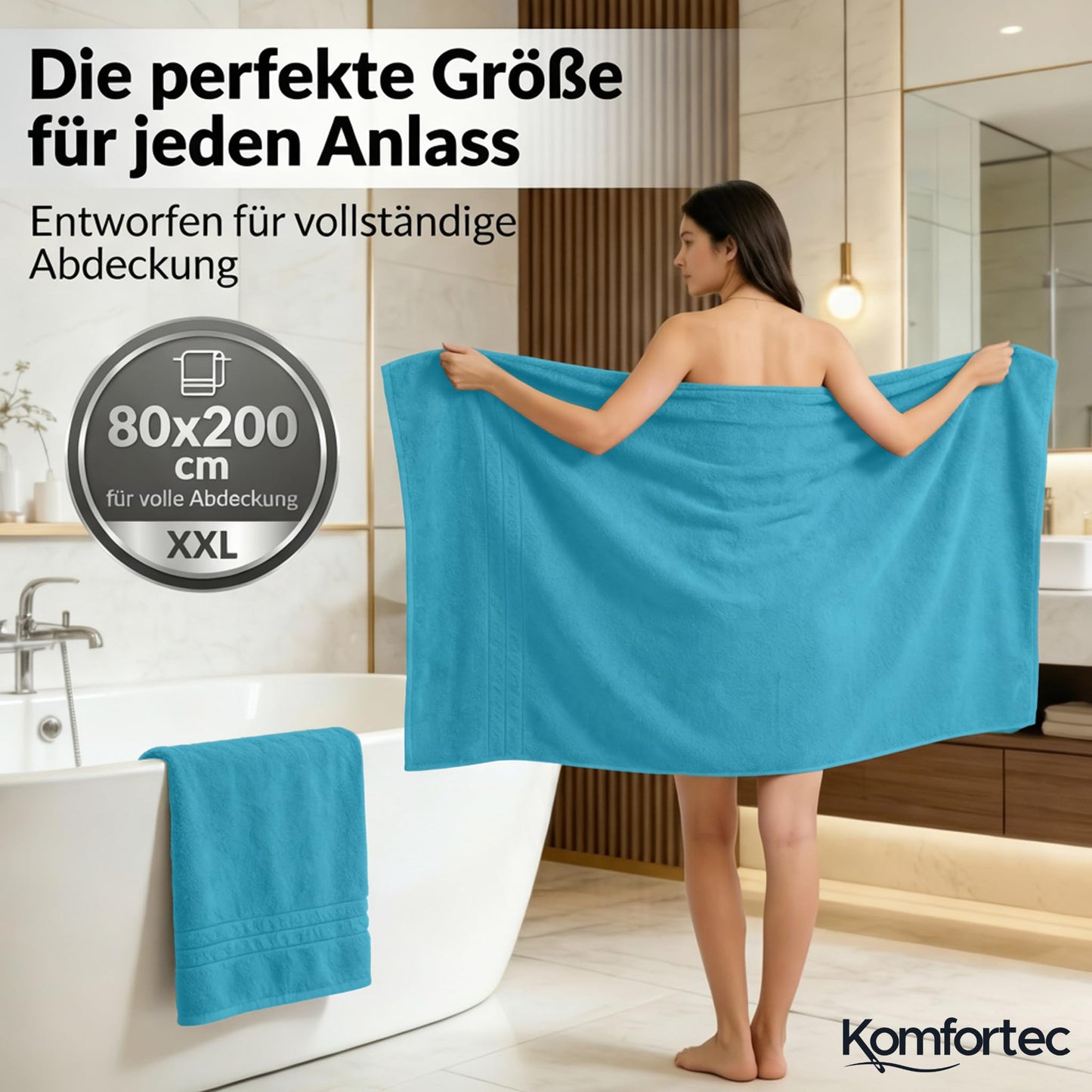 Komfortec Jumbo Bath Towels, 100% Cotton, Quick Dry, 80x200, Turqoise