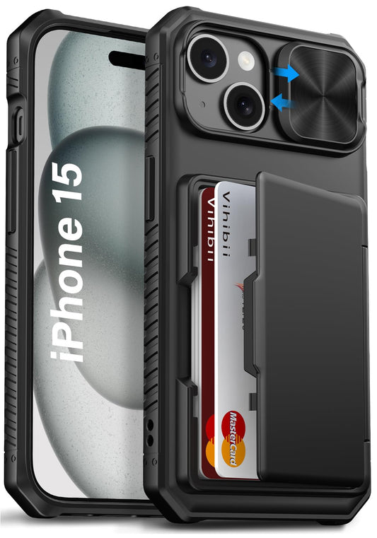 Vihibii for iPhone 15/iPhone 14/iPhone 13 Case with Card Holder (4 Cards) [RFID Blocking] & Slide Camera Cover, Military Grade Drop Protection, Rugged