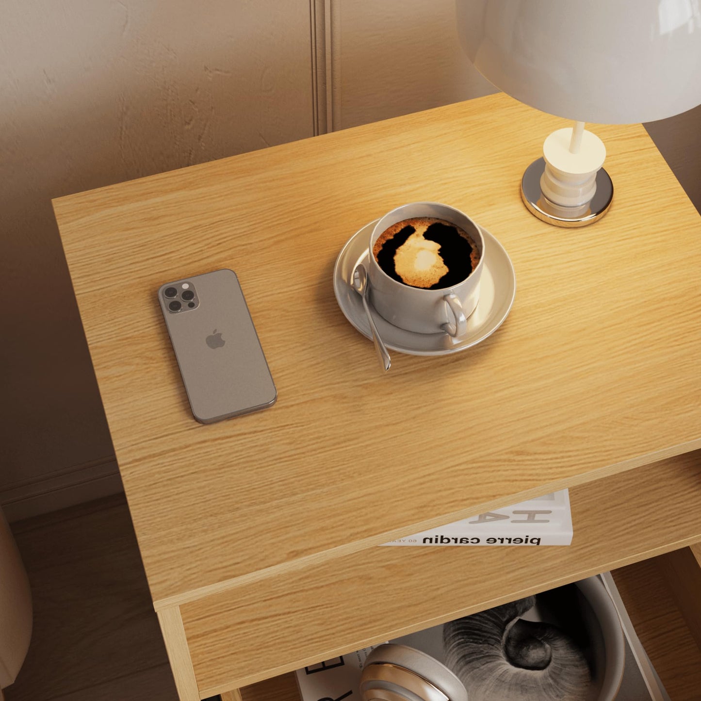 JERX Rattan Bedside Table, Farmhouse Nightstand with 2 Storage Drawer and Open Wood Shelf, for Bedroom and Small Spaces