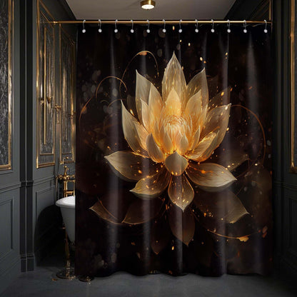 LanZanthic Lotus Shower Curtains for Bathroom Black and Gold Floral Spa Zen Wet Room Shower Curtain with hooks, Mould Proof Resistant, Waterproof