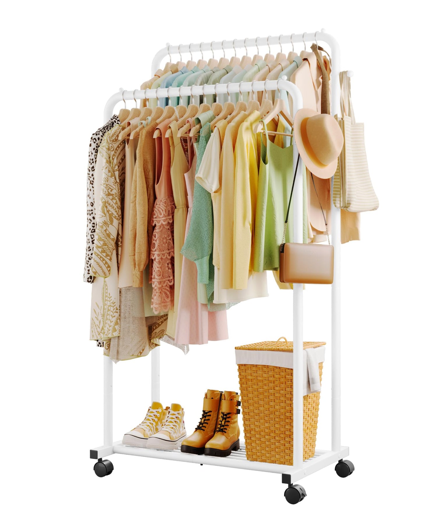 Sakugi Double Rod Clothing Rack Shoe Shelf & Hooks, 73x42x150cm, White