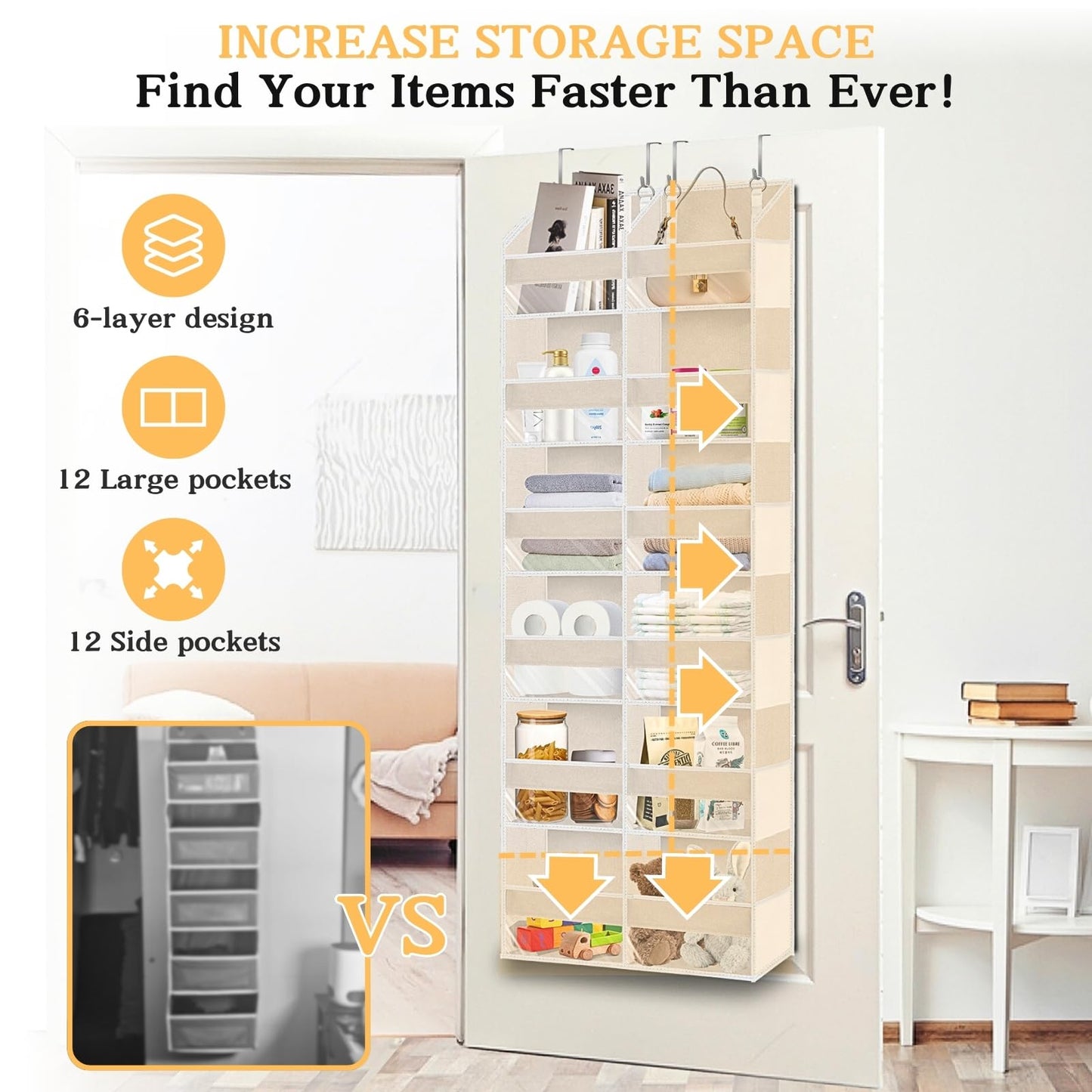 Ofiray-home Over the Door Organiser with 6 Tiers and 12 Compartments, Extra Large Hanging Door Storage with 4 Hooks, 36kg Weight Capacity