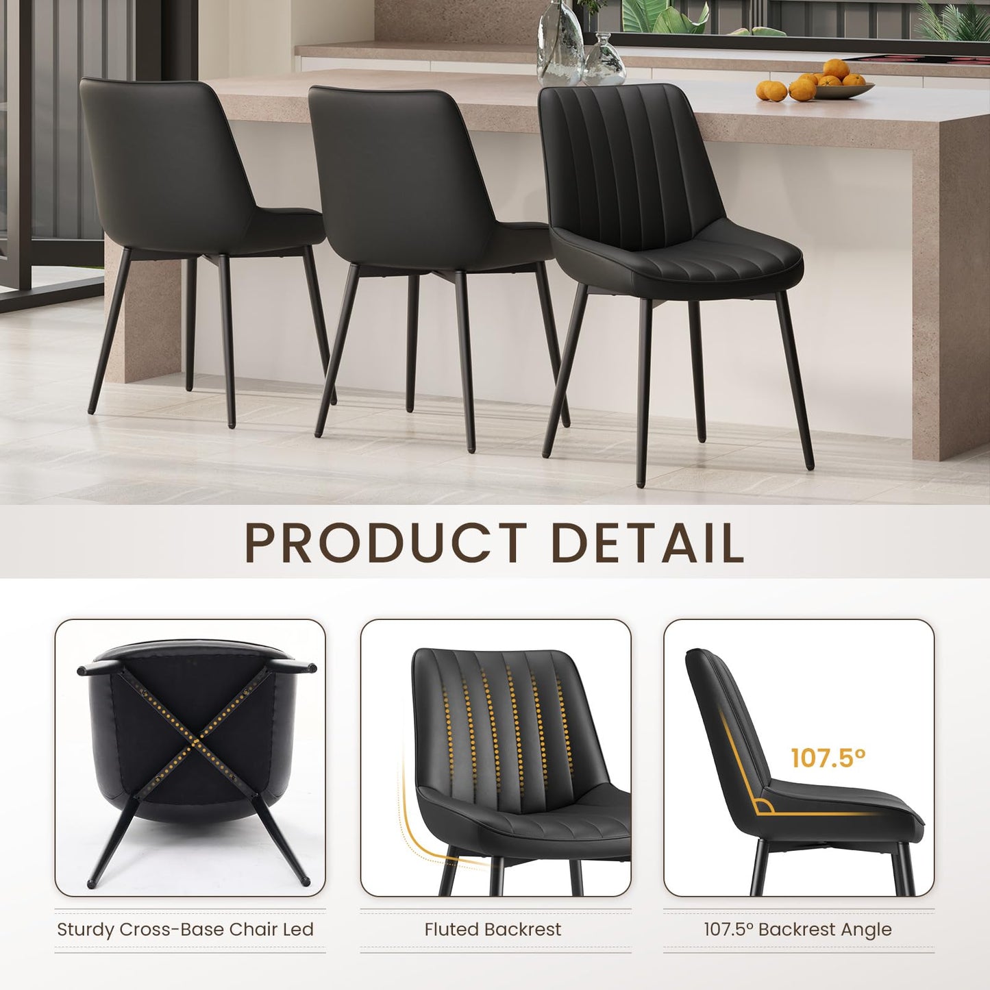 COLAMY Black Dining Chairs Set of 2,Technology Fabric Chairs for Dining Room with Metal Legs and Thick Seat Cushion