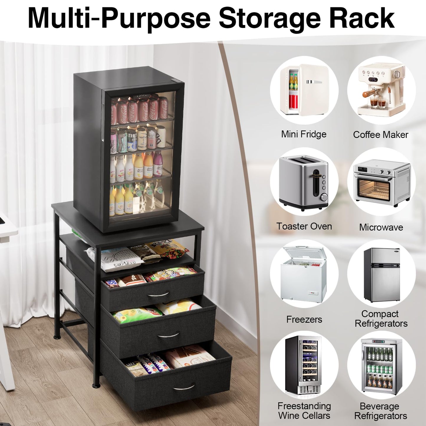 EUNEWR Mini Fridge Stand with Storage, 55 x 55 x 75 cm Mini Fridge Table Heavy Duty with 3 Drawer