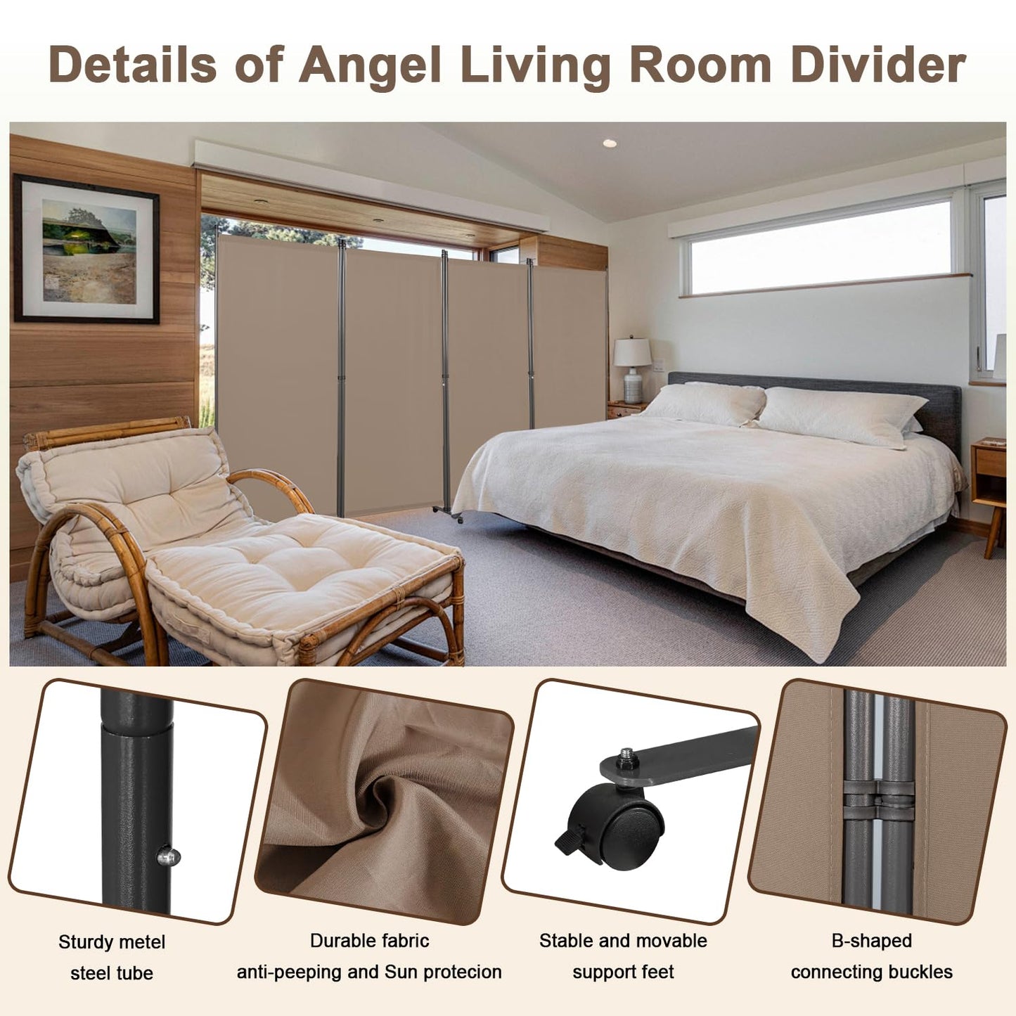 Angel Living 4 Panels Folding Room Divider, Privacy Screen Composed of Polyester Fabric and Sturdy Iron Frame