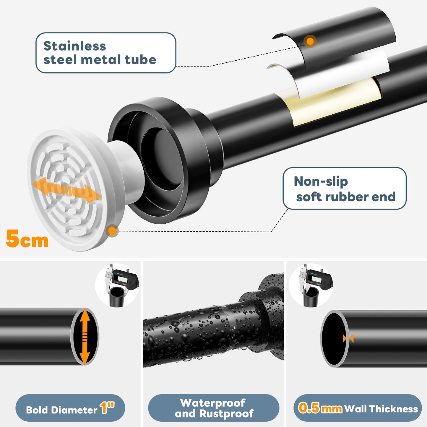 Shower Curtain Pole, 84-206cm Shower Curtain Rail, Tension Rod,Black