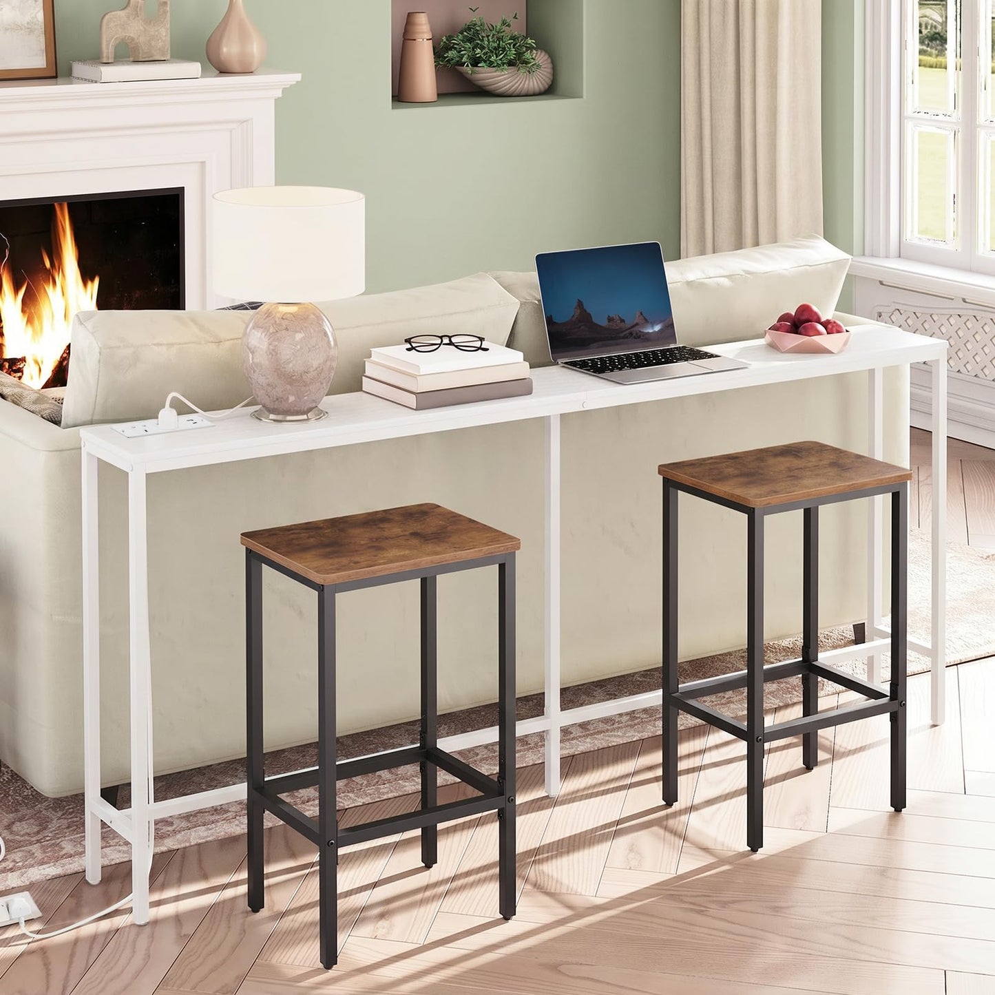 MAHANCRIS Console Table with Power Outlet, 180 cm Narrow Sofa Table, Industrial Entryway Table with USB Ports, Behind Couch Table for Entryway