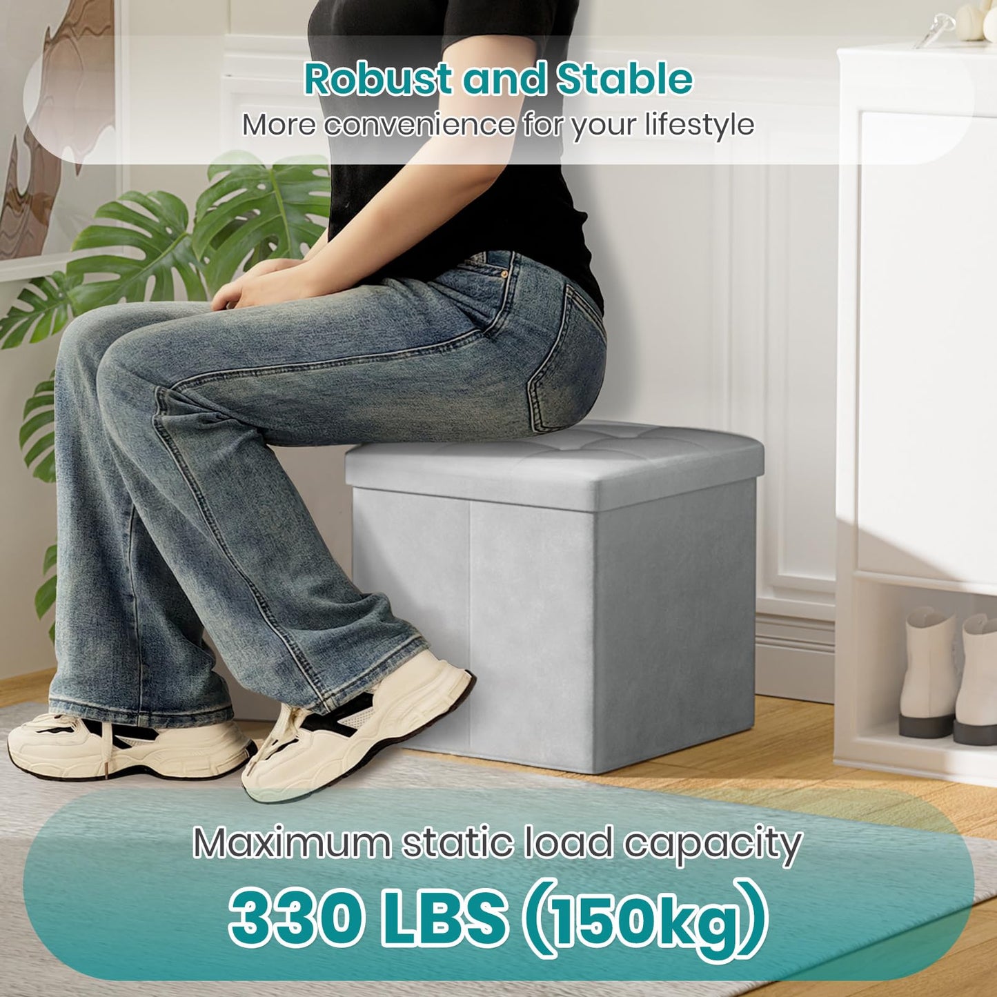 Oak & Tea Storage Ottoman Cube, Foldable Velvet Footstool, Light Grey