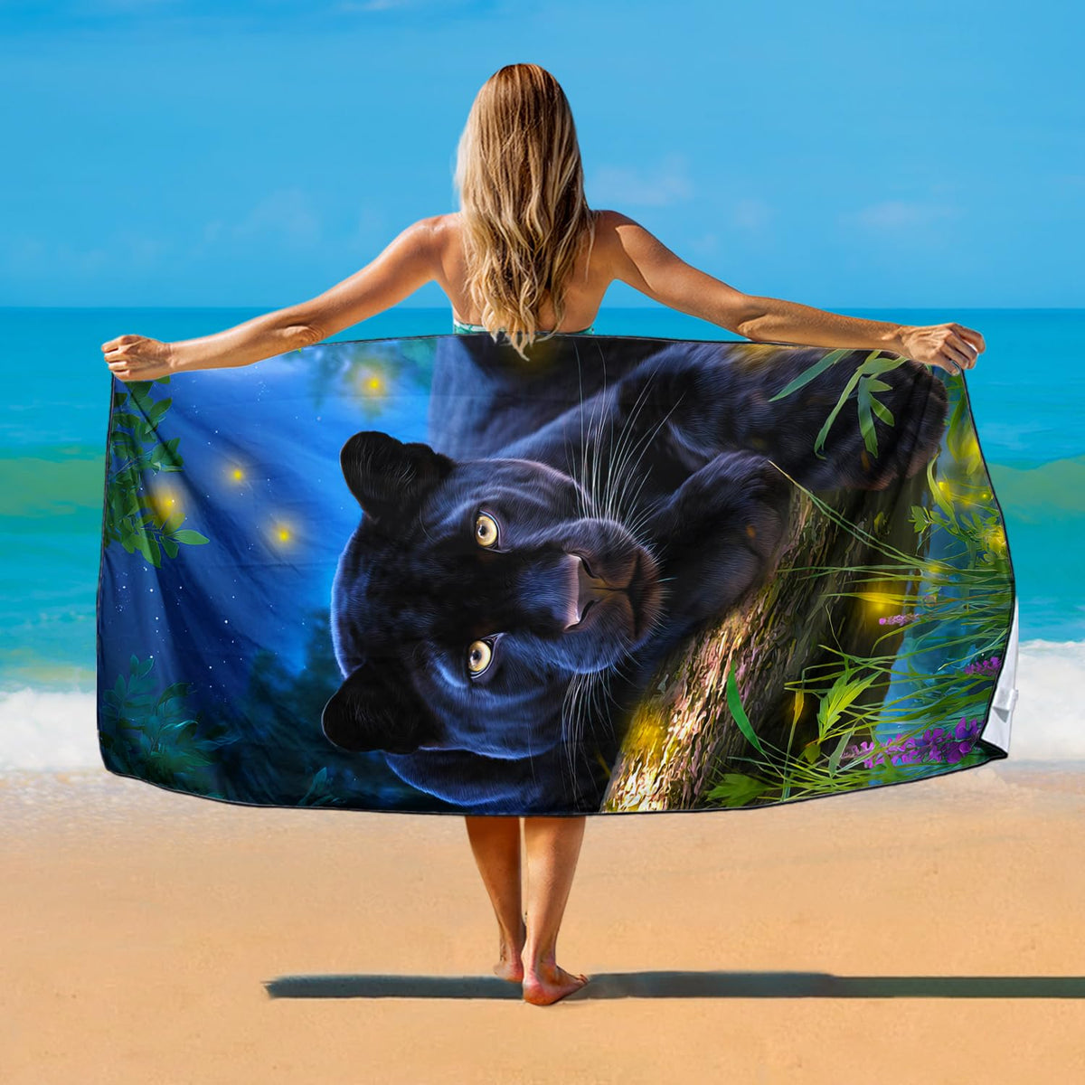 Violetpos Firefly Black Panther Beach Towel, Extra Large 180x90 cm 250GSM Microfibre, Sand Free Quick Dry