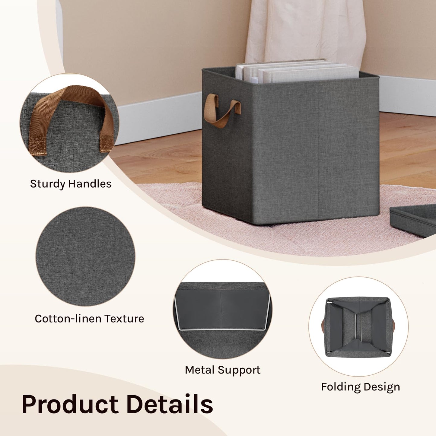 WOLTU Fabric Storage Boxes Set of 5, Folding Baskets with Lids, Handles, Metal Frame, Wardrobe Toy Organisers for Living Room, Bedroom, Office, Grey