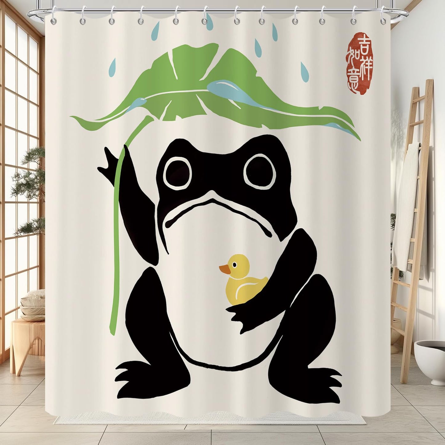 GCIREC Shower Curtain, 180x200cm, Funny Frog Cute Lotus Leaf Asian Japanese Art Waterproof Fabric Machine Washable Bathroom Curtain with Hooks