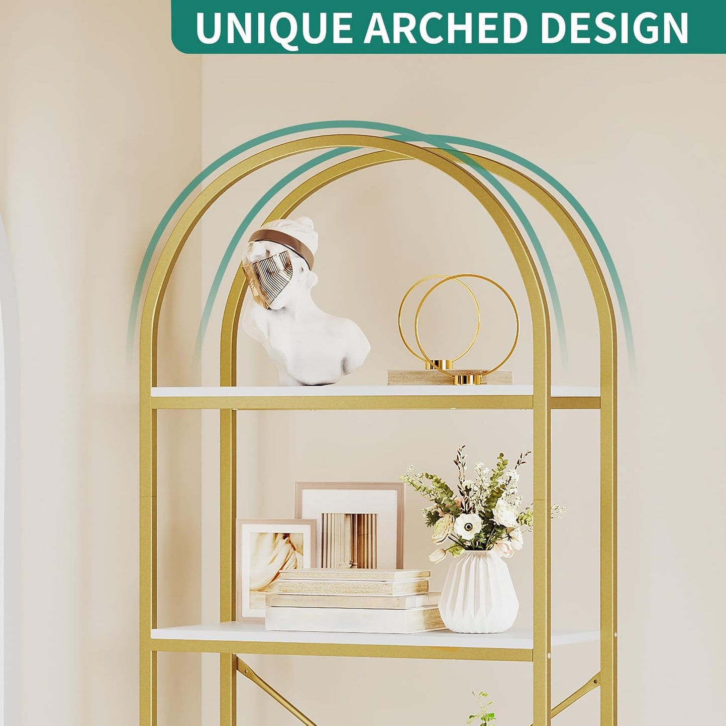 YITAHOME 4 Tier Arch Bookcase, Domed Freestanding Storage Shelf for Living Room, Bedroom, Study, White & Gold, 60x30x181.4 CM
