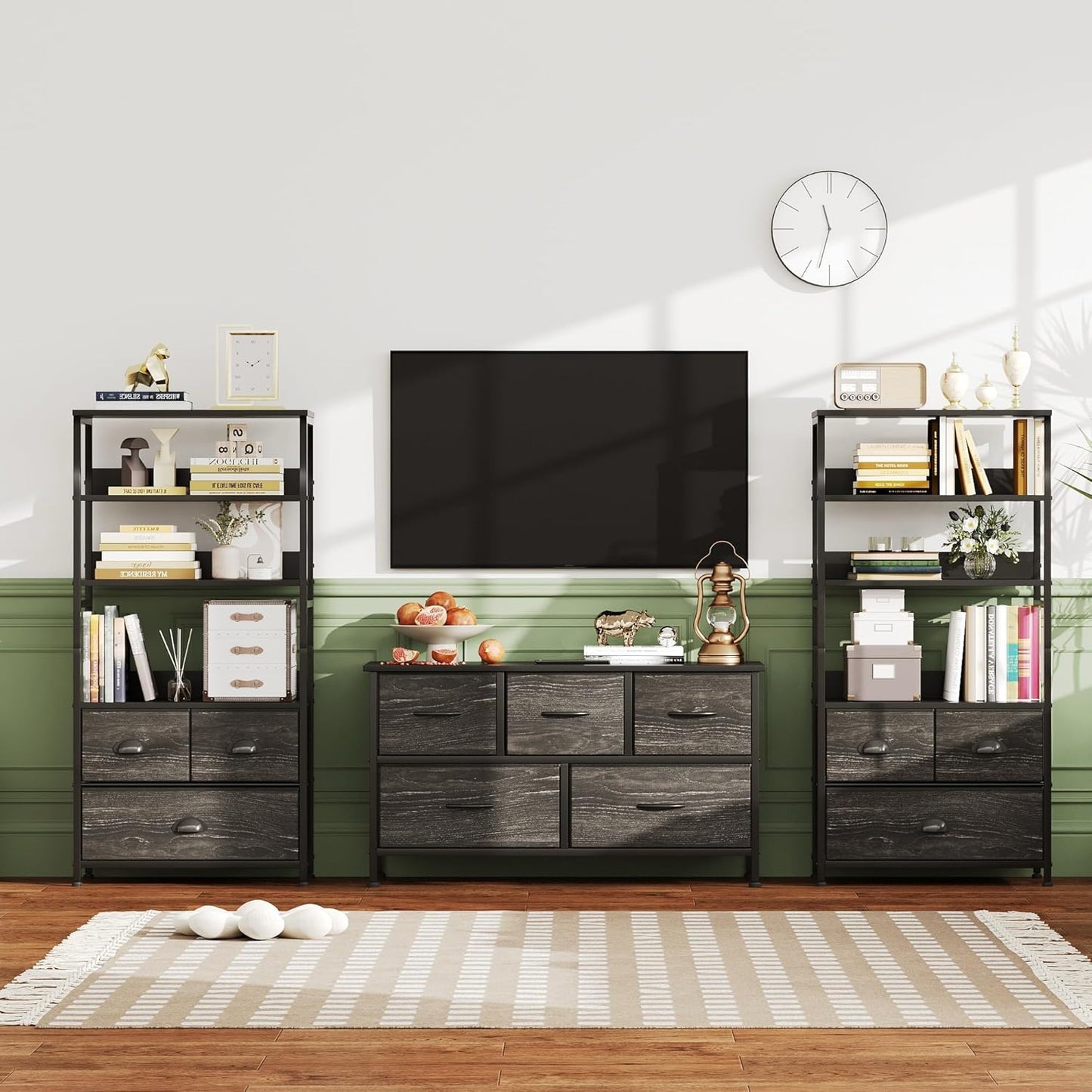 VERMESS 4-Tier Industrial Bookshelf with 3 Fabric Drawers, Storage Shelf, Bookcase with Doors, Adjustable Free Standing Display Shelf