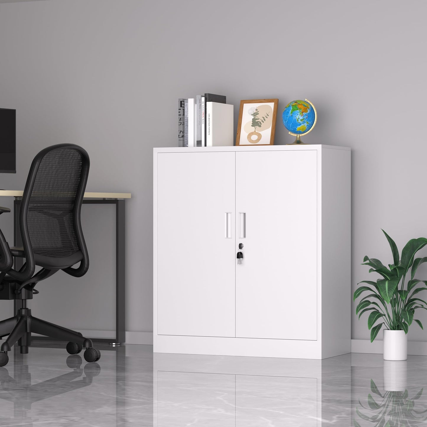 iJINGUR Metal Storage Cupboard with Locking Doors and 2 Adjustable Shelves, Small Lockable Storage Cabinet for Home Office Garage (White)