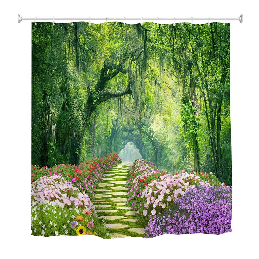 goodbath Garden Shower Curtain, 3D Outdoor Shower Curtains Rose Blooming Flowers Floral Anti Mould Waterproof Bath Curtains for Bathroom Wetroom, 180