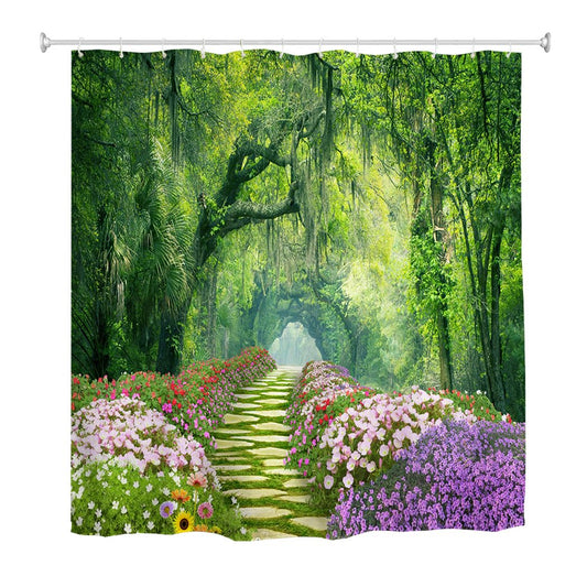 goodbath Garden Shower Curtain, 3D Outdoor Shower Curtains Rose Blooming Flowers Floral Anti Mould Waterproof Bath Curtains for Bathroom Wetroom, 180