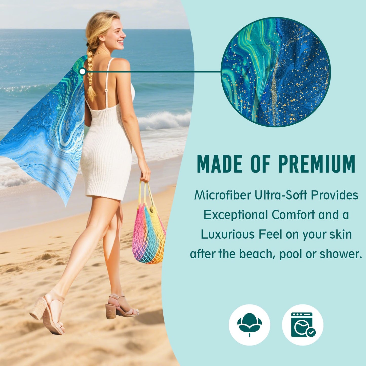 Gelasgo Blue Marble Microfibre Beach Towel - 30"x60" Large Lightweight Soft Quick-Dry Towel for Adults, Ultra Absorbent & Dual-Sided Sand Free
