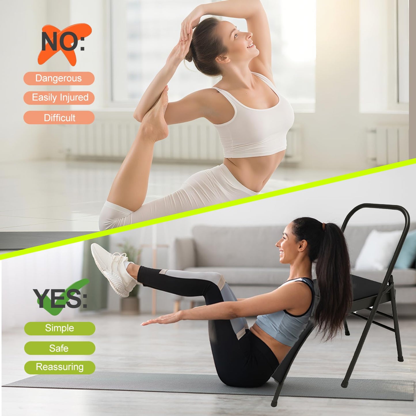 YUZINO Folding Chair Yoga Auxiliary Chair, PU Leather Padded Seat with Waist Support & Metal Steel Frame