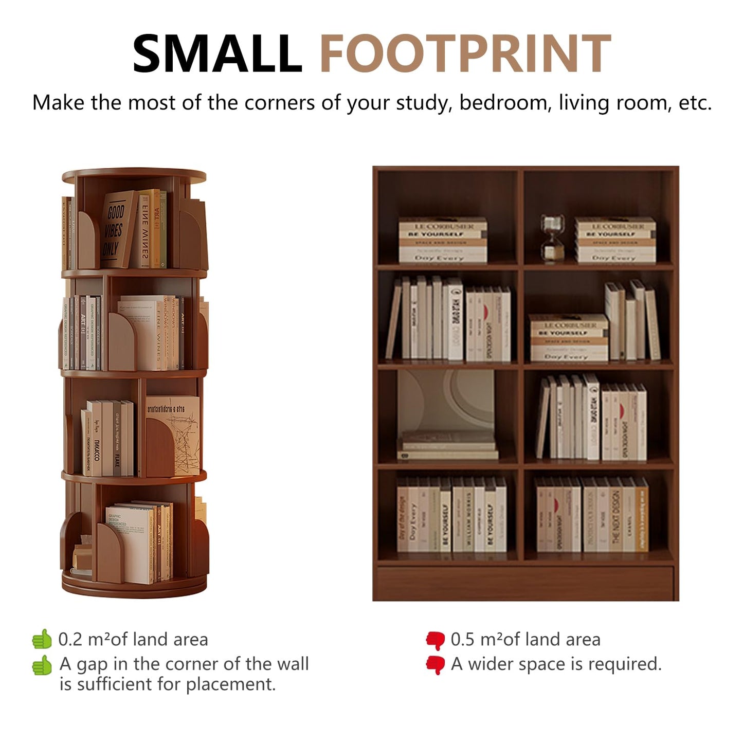 KZOBYD Rotating Bookshelf, Revolving Book Shelf (Brown, H 127 cm)