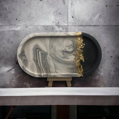 Handmade Jesmonite Oval Vanity Tray - Grey Marble Effect with Gold/Copper/Silver Leaf Detail | Decorative | Jewellery | Trinket