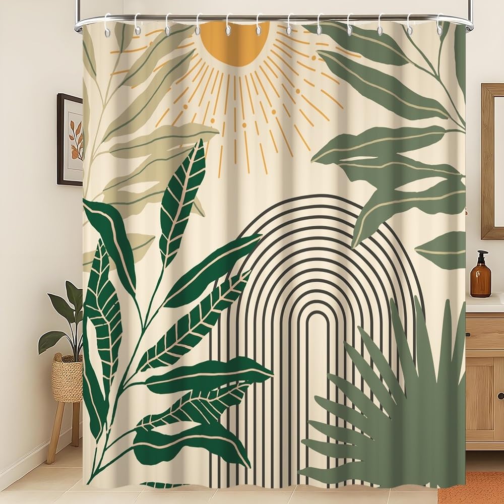 Xiaoterna Mid Century Boho Beige Shower Curtain Abstract Neutral Color Green Leaves Arch Lines Sun Waterproof Bathroom Curtains Minimalist Aesthetic