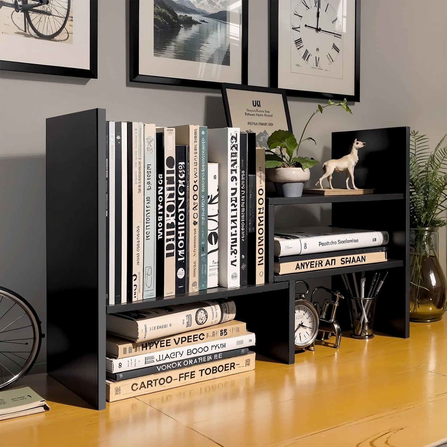 Wooden Desk Shelf, Adjustable Desktop Bookshelf, Small Black Bookcase