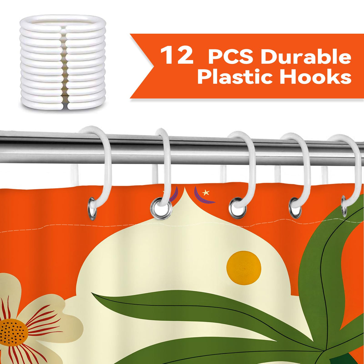 Hopomoon Orange Boho Shower Curtain,Mid-Century Modern Botanical Floral Black Cat and Bird Waterproof Polyester Bath Curtain with 12 Hooks