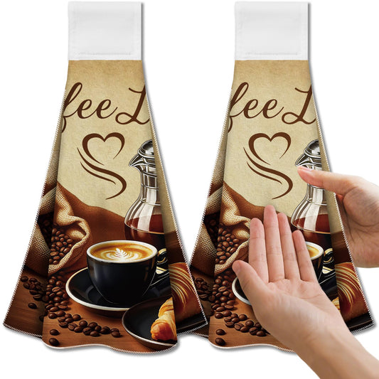 CUTHOLLOW Coffee Element Hanging Kitchen Towels with Loop, Set of 2 - Soft & Super Absorbent Microfiber Decorative Hanging Dish & Hand Towel, Tea,