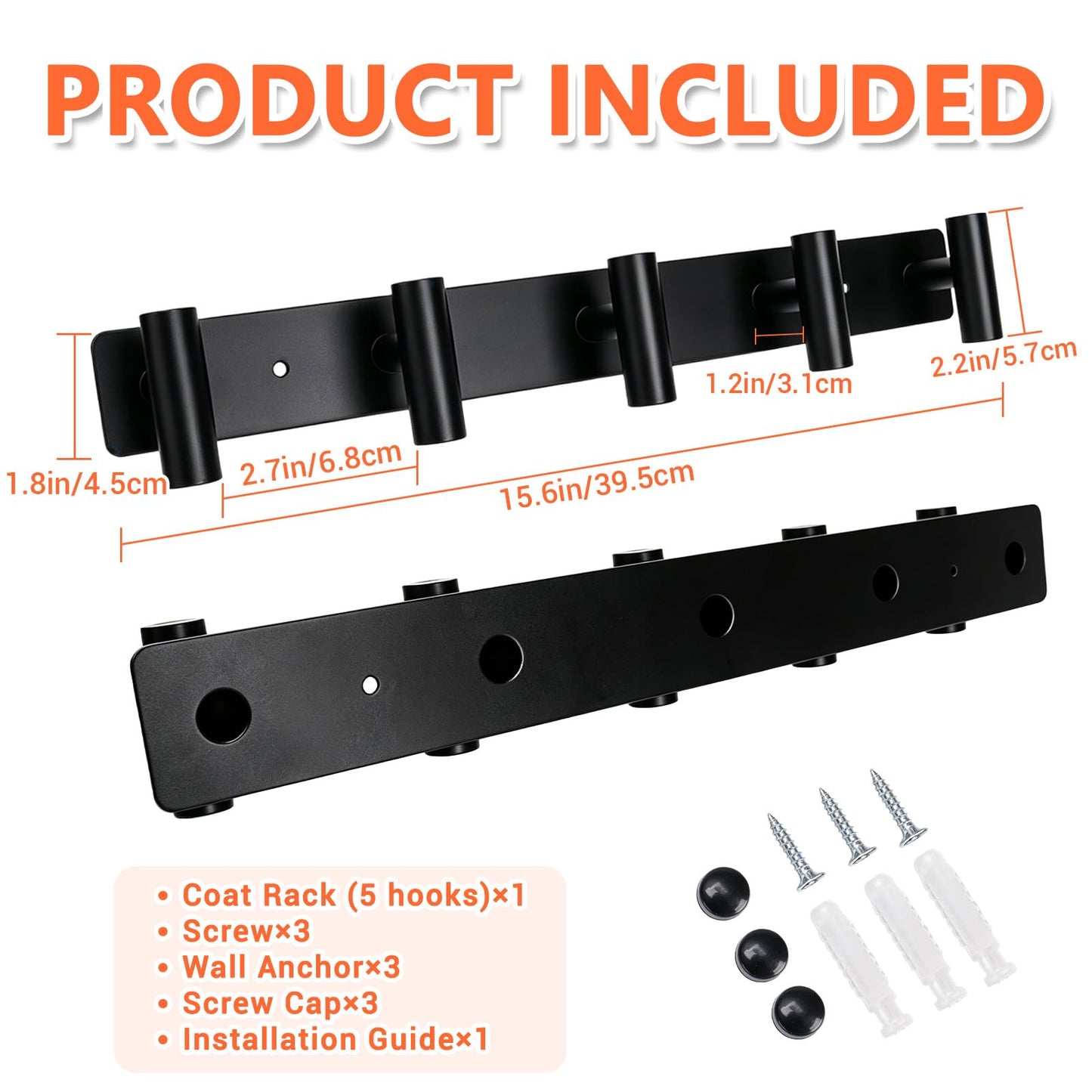Matte Black Steel Wall Coat Rack 15.6in, 5 Hooks for Bathroom Hallway