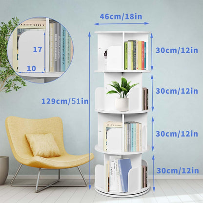 Nisorpa 4 Tier Rotating Bookshelf White, Spinning Kids Bookshelf Floor Standing, Round Revolving Bookcase Tower Childrens Bookcase for Bedroom &