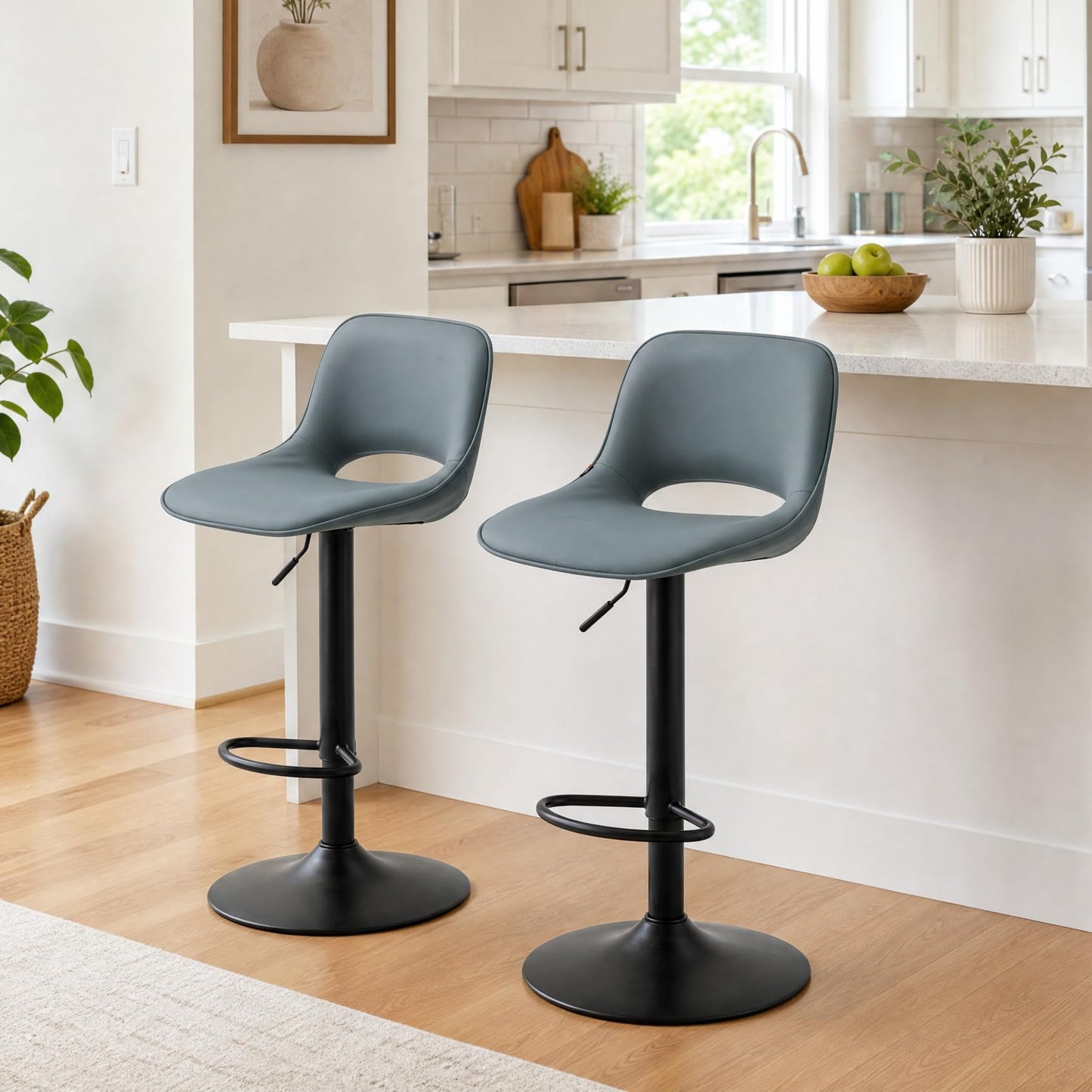 YOUNIKE Bar Stools Set of 2 Modern Swivel Barstools, Adjustable Counter Height Bar Chairs Faux Leather Upholstered Counter Stools with Hollow Back