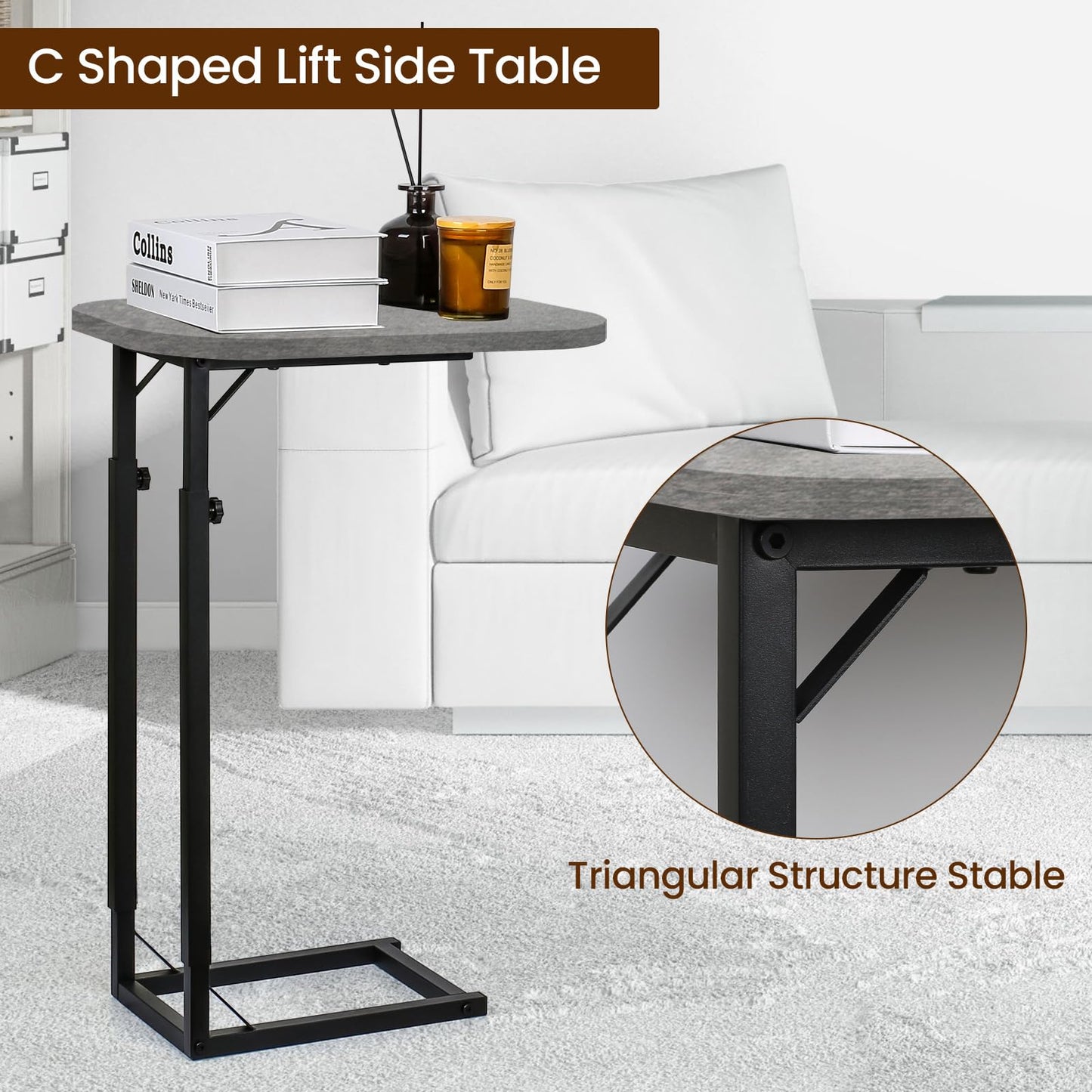 OFIDELITY Side Table, Height Adjustable C Table, End Table for Sofa, Couch & Bedside