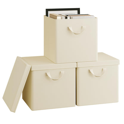 WOLTU Fabric Storage Boxes Set of 3, Folding Baskets with Lids, Handles, Metal Frame, Wardrobe Toy Organisers for Living Room, Bedroom, Office, Cream