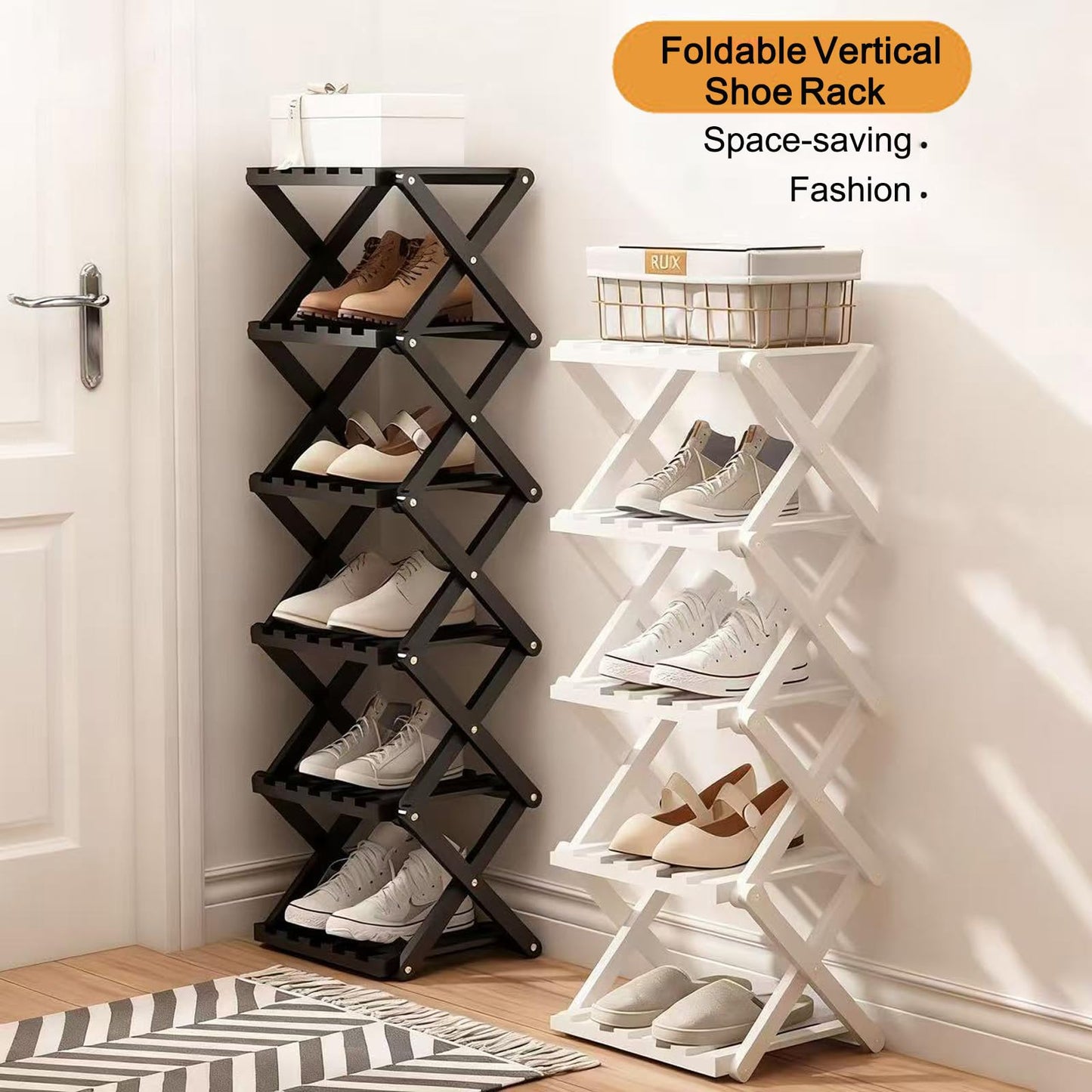 GIRYES Small Shoe Rack Black, 4 Tier Bamboo Foldable Shoes Organizer Free Standing Shelf for Entryway, Bedrooms, Closet, Living Room Corner