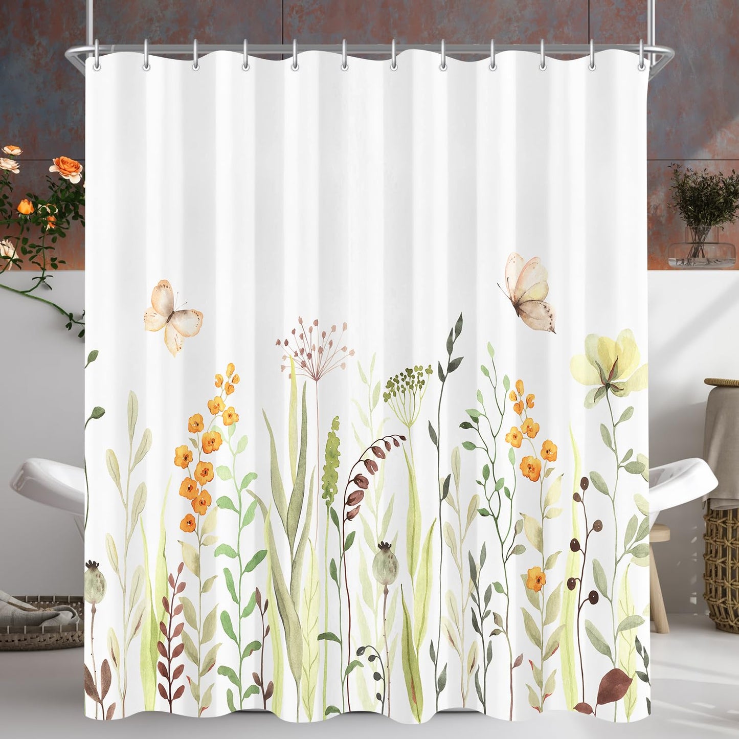 Shower Curtain, 180 x 160 cm, Fresh Butterfly Flowers, Weighted Hem, Anti-Mould, Water-Repellent, Washable Polyester Bath Curtains with 12 Eyelets and