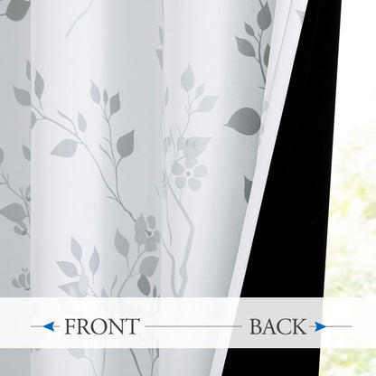 Beauoop Grey Floral Blackout Curtains for Bedroom Living Room 72 Inch Drop Leaf Print Eyelet Curtain Botanical Thermal Insulated Noise Reducing Drapes