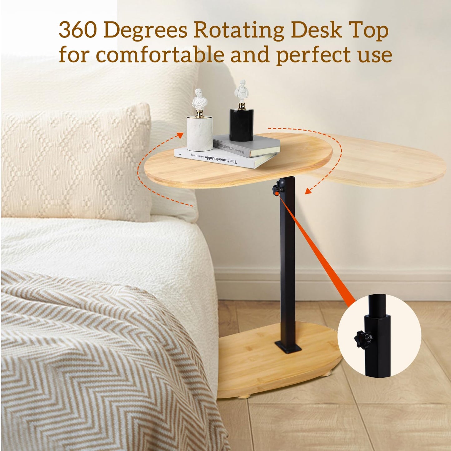 KUKKUME C Shaped Side Table Height Adjustable Sofa Table Over Bed Table Bamboo & Metal Under Sofa Table for Living Room Bathroom Couch Bedroom