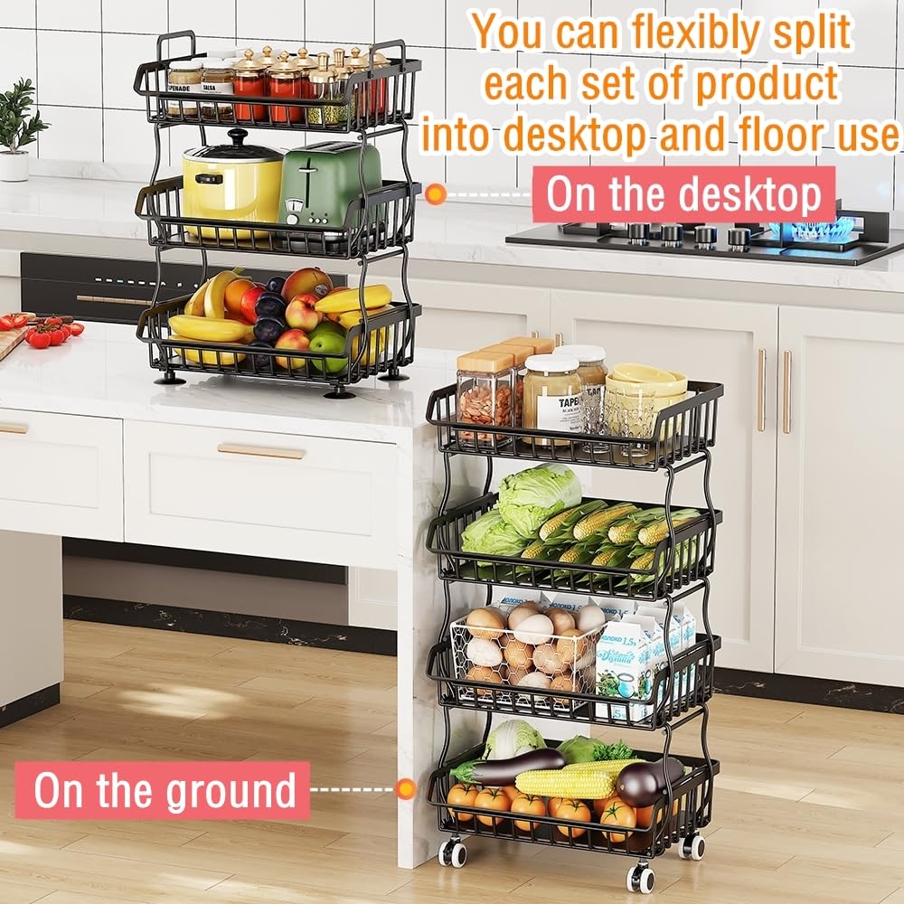 Rolling Metal Wire Basket Storage Cart with Top Handle and Wheels, Heavy Duty Stackable Organizer, Can Seperated to Use for Kitchen, Bathroom, Bedroom