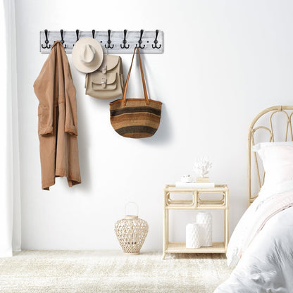 PHINGEER Wall Mounted Coat Hooks, Wooden Heavy Duty Coat Rack for Wall,8 Triple Coat Hanger Hooks for Hanging Coats,Jacket,Hat,Clothes(Grey White, 8