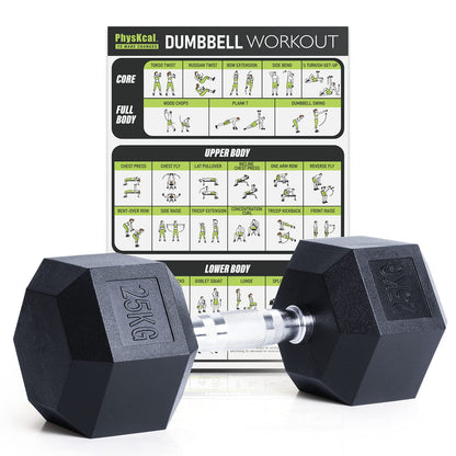 PhysKcal Hex Dumbbells 25kg Single, Odourless Poly Rubber Encased Dumbbells Set 2.5KG 5KG 7.5KG 10KG 12.5KG 15KG 20KG Home Gym Weights Set