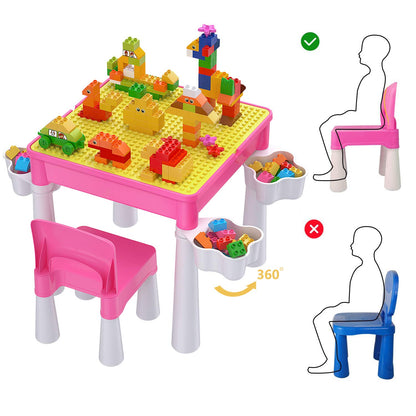 burgkidz Toddler Table and Chair Set, Plastic Kids Activity Table with Chair and 128 Piece Large Creative Bricks Building Construction Toys for Girls,