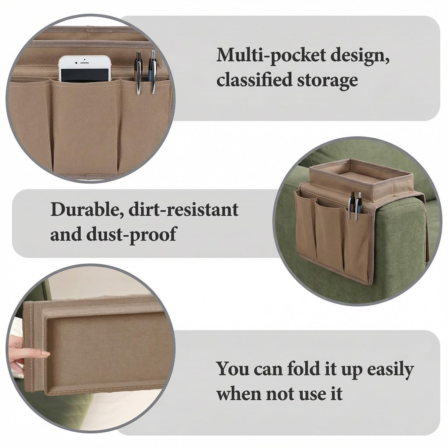 Sofa Armrest Organiser, Armchair Caddy with Tray, Couch Arm Tray Stylish And Durable Multifunctional Pocket Storage Bag