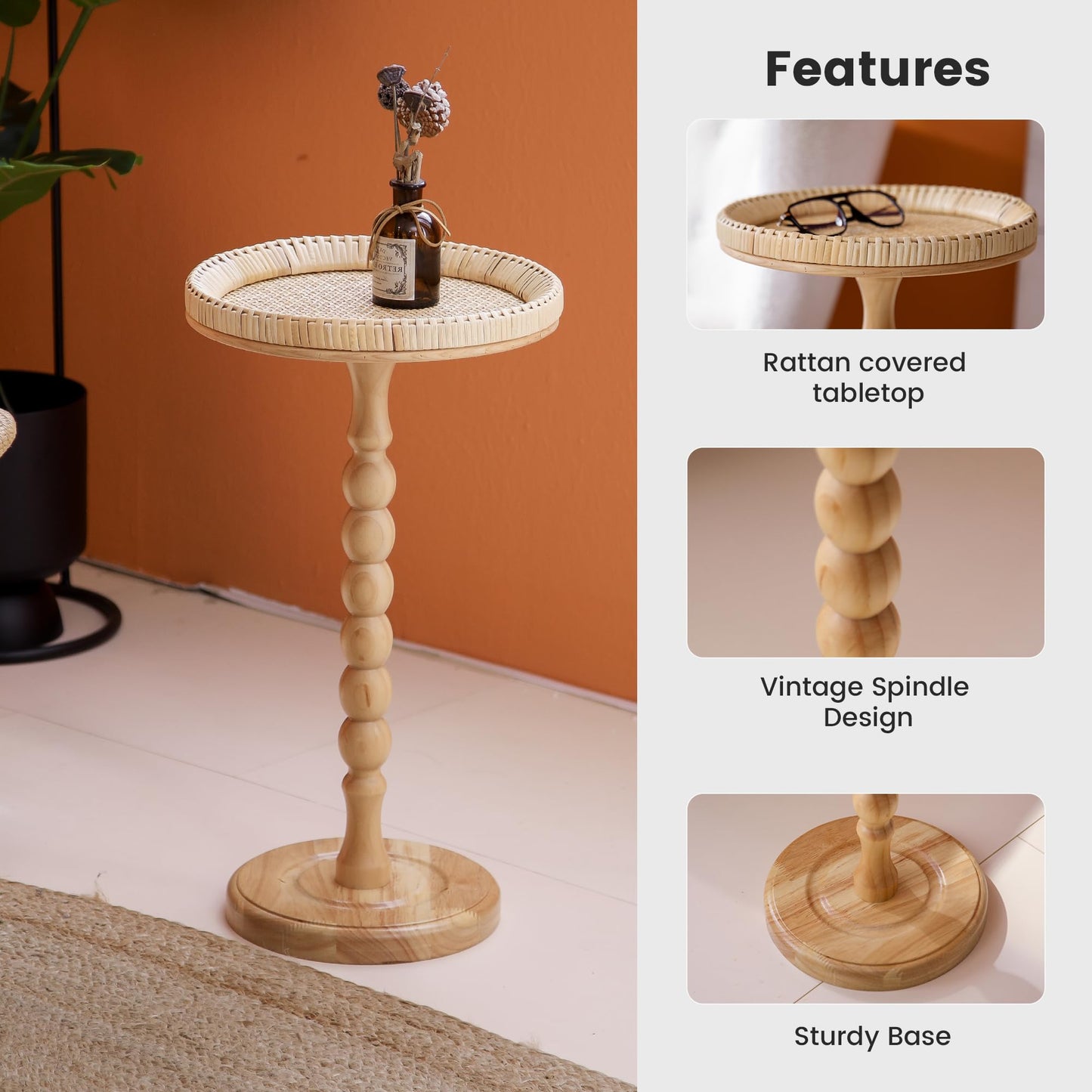 HuiDao Drink Table, Rattan Round Small Side Table for Small Spaces, Boho Circle Side Table Coffee Table with Solid Wood Leg for Living Room